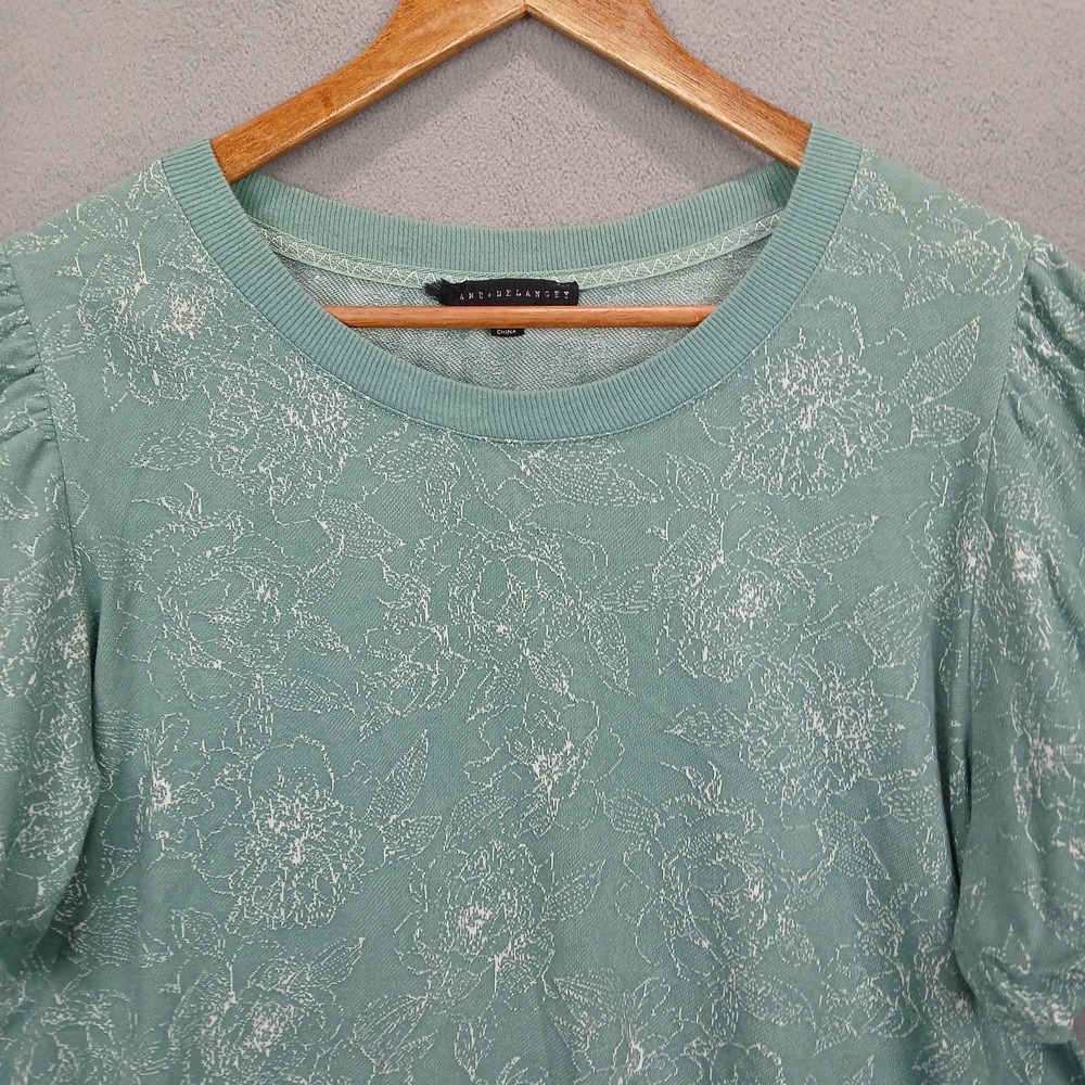 Jane + Delancey Blouse Top Womens Large Green Floral Textured Cotton Puff Sleeve - Picture 3 of 8